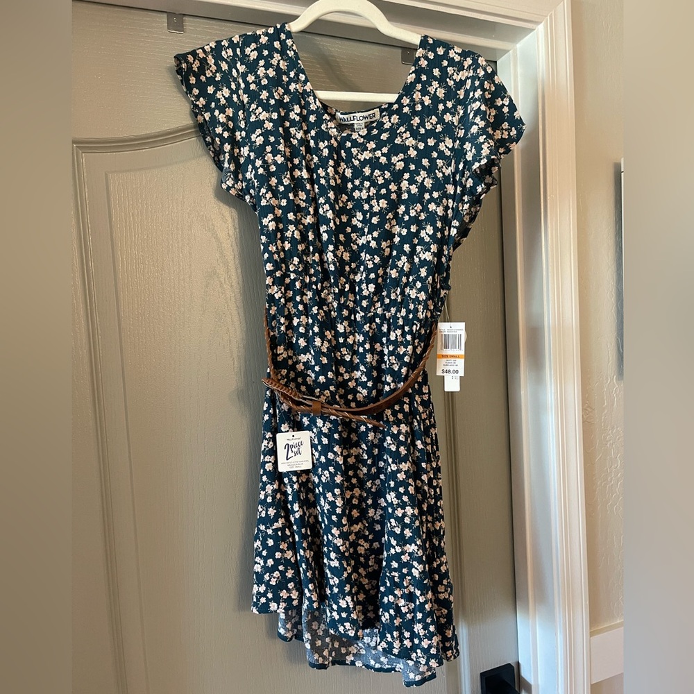 Floral Majolica Blue Dress with Brown Belt, size: Junior Small